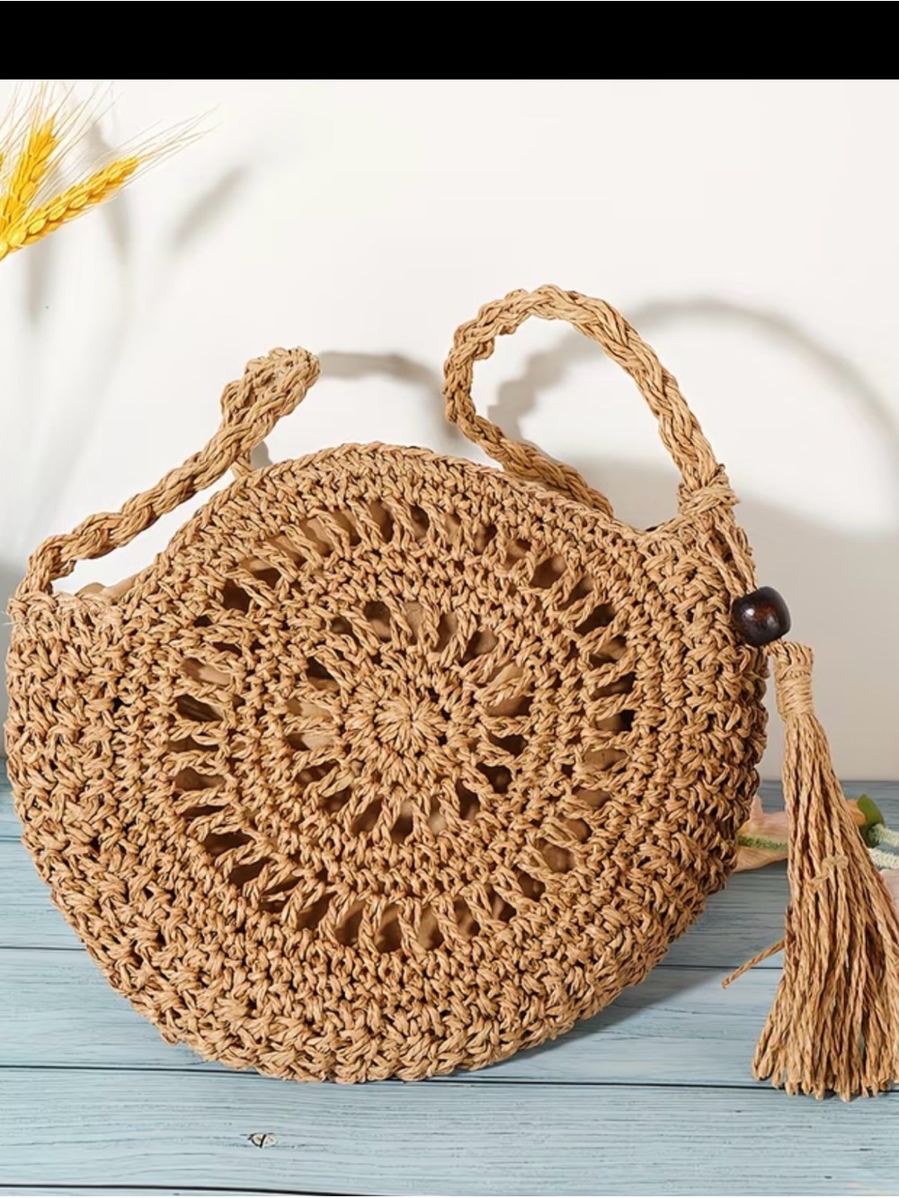 Handwoven Round Straw Crossbody Bag | Summer Woven Beach Purse - Picture 2 of 9